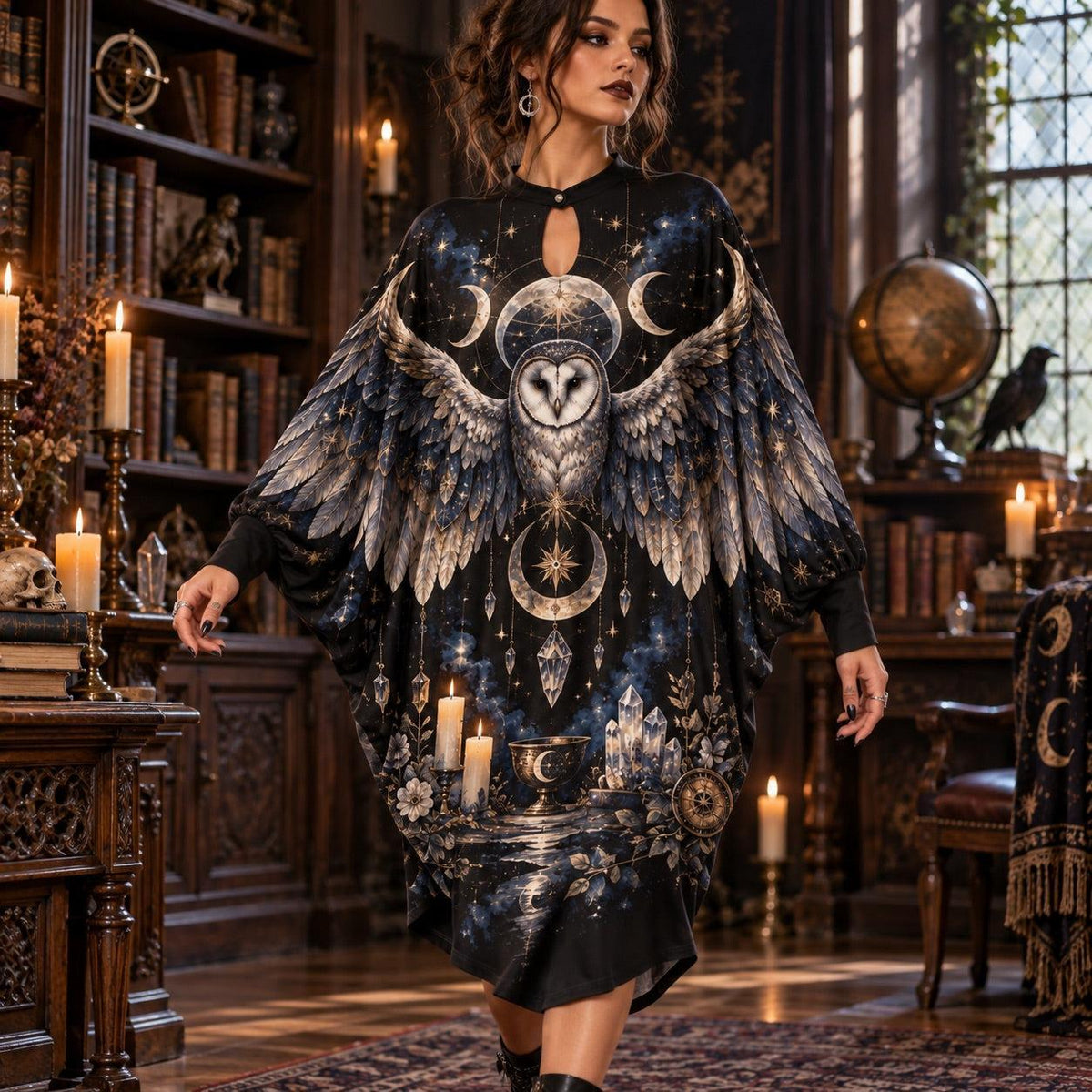 Barn Owl Moon Witchy Batwing Dress – Pagan Celestial Altar Midi – worn, in motion