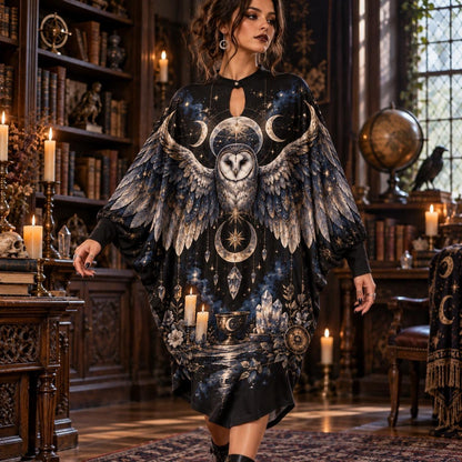 Barn Owl Moon Witchy Batwing Dress – Pagan Celestial Altar Midi – worn, in motion