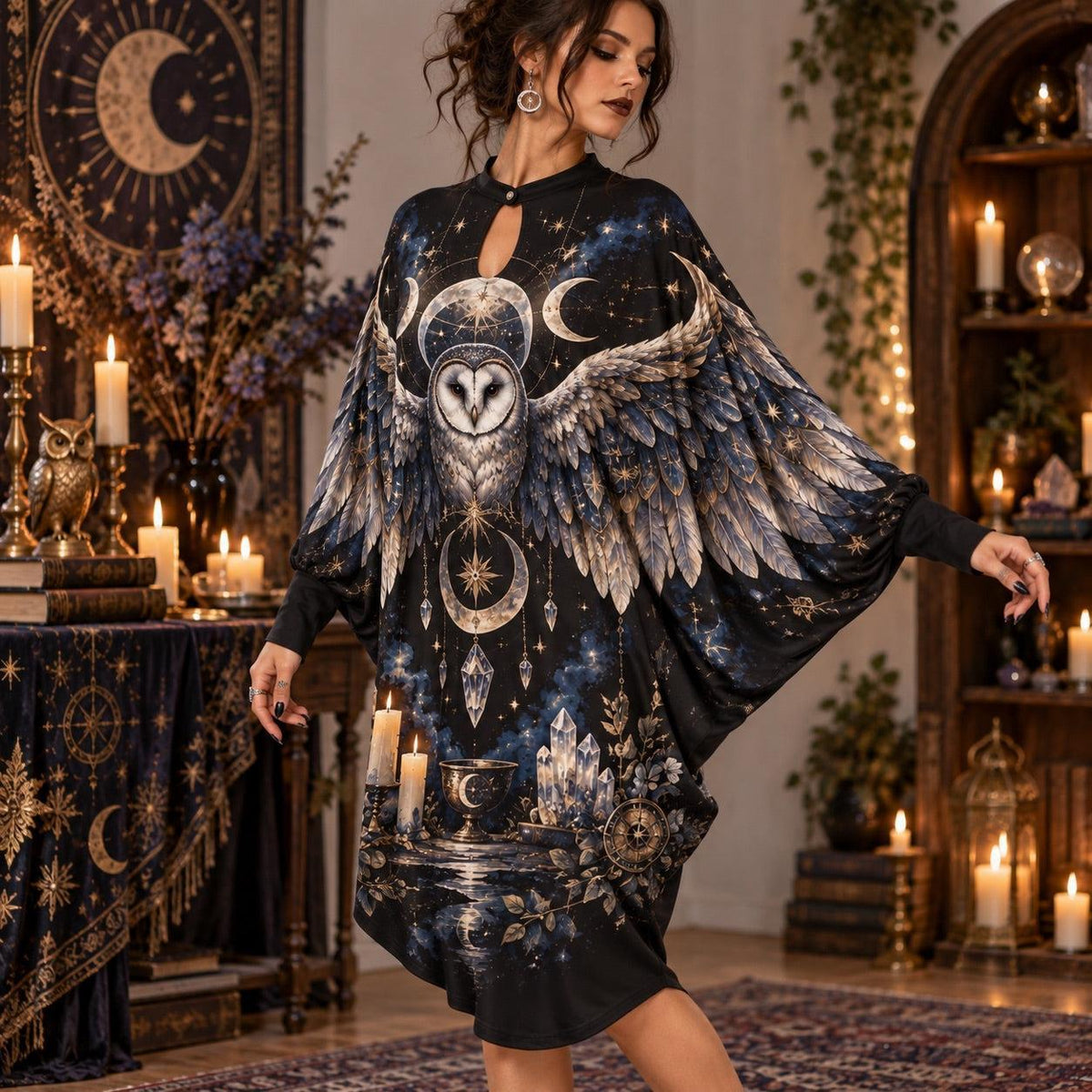 Barn Owl Moon Witchy Batwing Dress – Pagan Celestial Altar Midi – worn, three quarter view