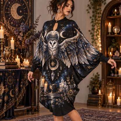 Barn Owl Moon Witchy Batwing Dress – Pagan Celestial Altar Midi – worn, three quarter view