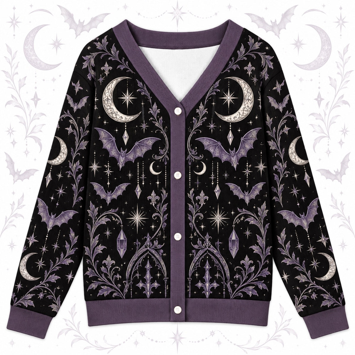 Bat Moon Phase Halloween Cardigan for Women Purple Gothic Whimsigoth, front view