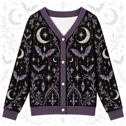 Bat Moon Phase Halloween Cardigan for Women Purple Gothic Whimsigoth, front view