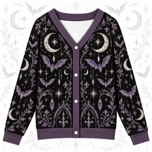 Bat Moon Phase Halloween Cardigan for Women Purple Gothic Whimsigoth, front view