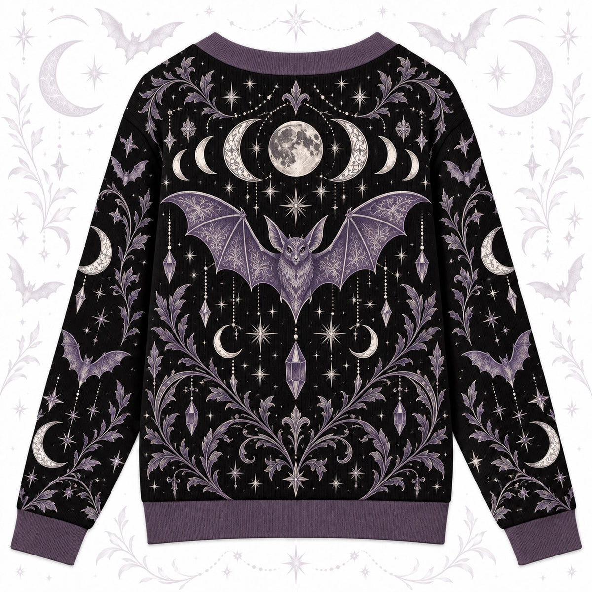 Bat Moon Phase Halloween Cardigan for Women Purple Gothic Whimsigoth, back view