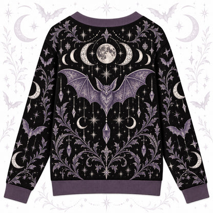 Bat Moon Phase Halloween Cardigan for Women Purple Gothic Whimsigoth, back view