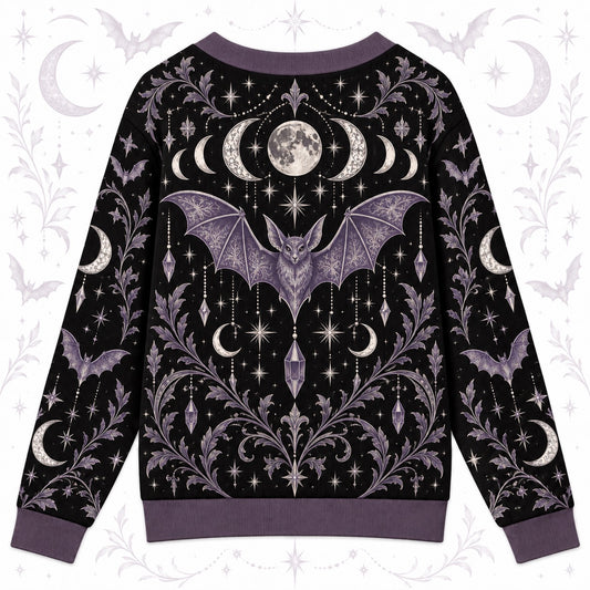Bat Moon Phase Halloween Cardigan for Women Purple Gothic Whimsigoth, back view