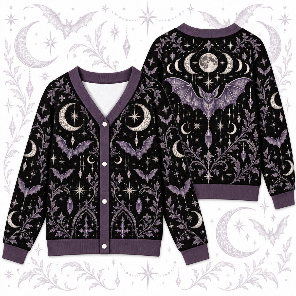 Bat Moon Phase Halloween Cardigan for Women Purple Gothic Whimsigoth, front and back shown together