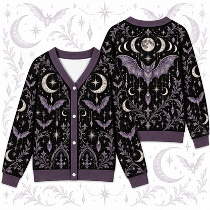 Bat Moon Phase Halloween Cardigan for Women Purple Gothic Whimsigoth, front and back shown together