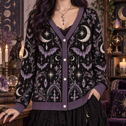 Bat Moon Phase Halloween Cardigan for Women Purple Gothic Whimsigoth, worn, front view