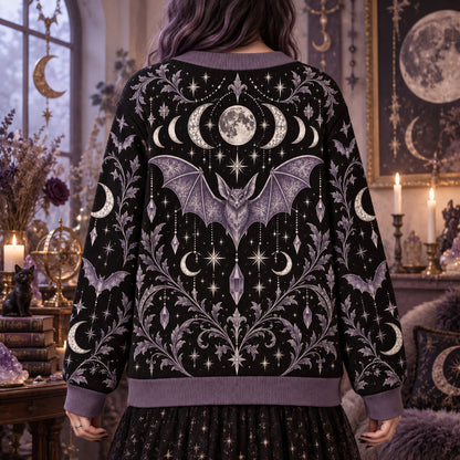 Bat Moon Phase Halloween Cardigan for Women Purple Gothic Whimsigoth, worn, back view