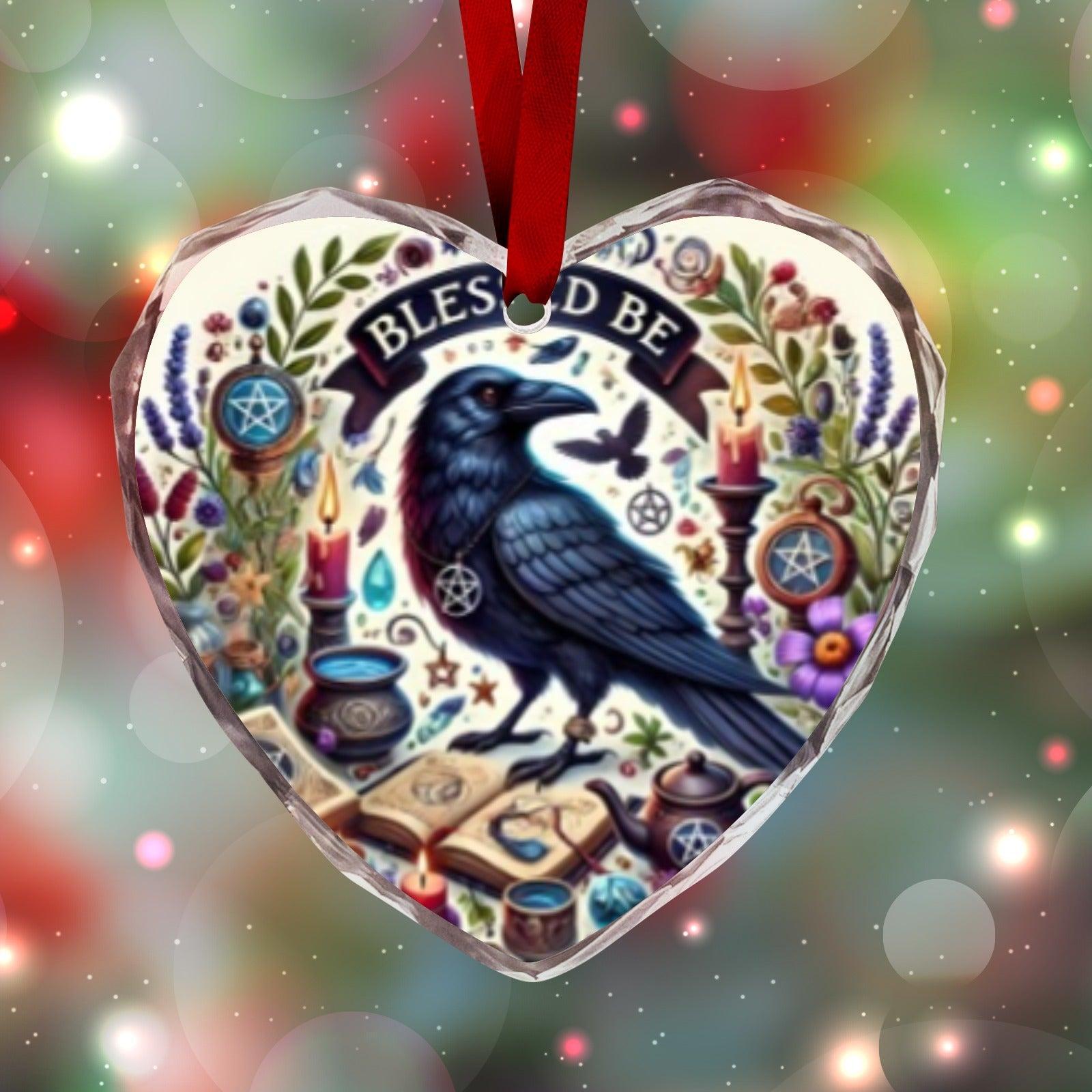 Gothic Crow Wicca Black Raven Heart-Shaped Crystal Glass Ornament-MoonChildWorld
