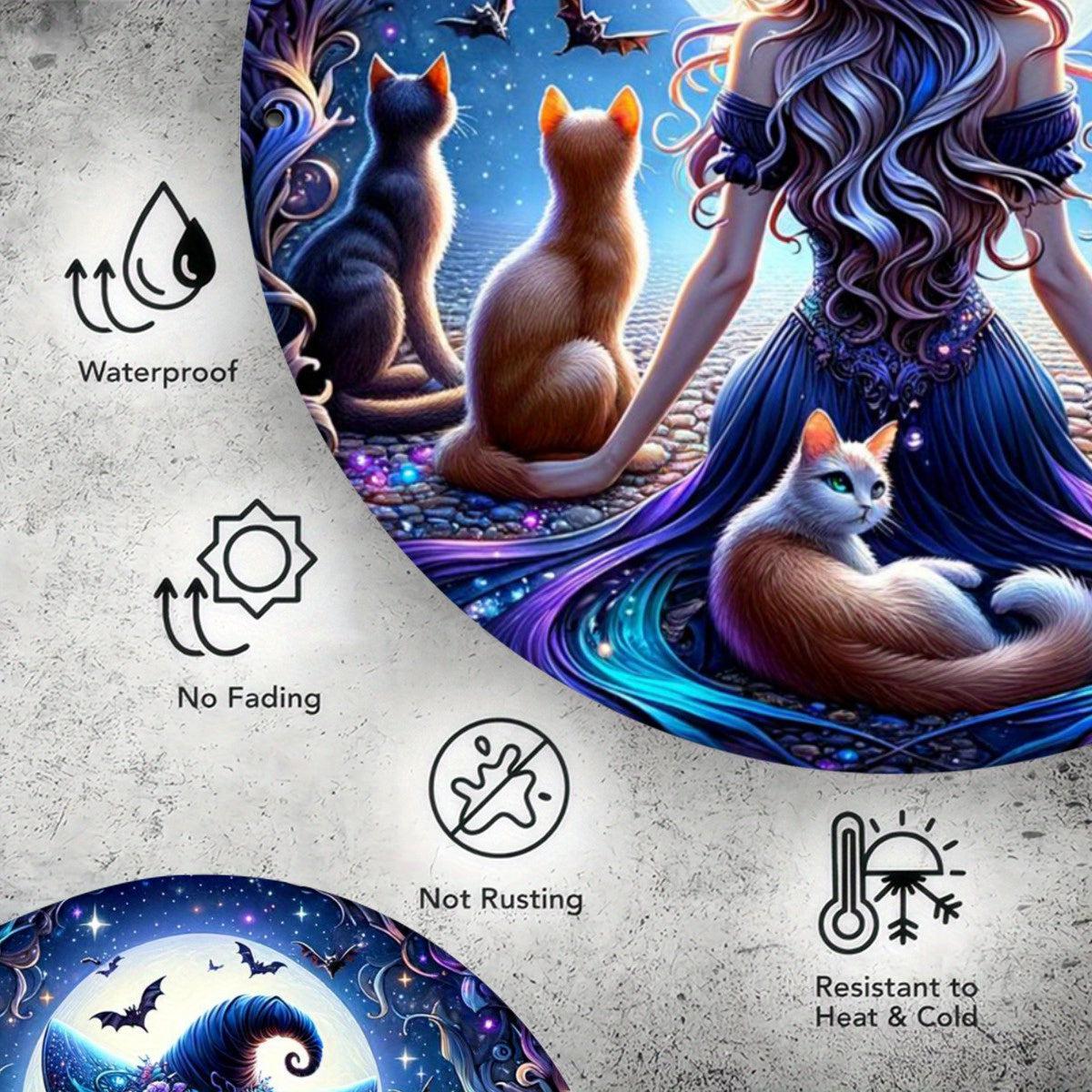 Enchanted Witch & Mysterious Cat Wall Art Witchy Metal Sign for Gothic Christmas Decorations-MoonChildWorld