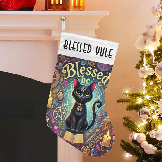 Blessed Yule Witch Black Cat Christmas Stocking for Yule Decorations