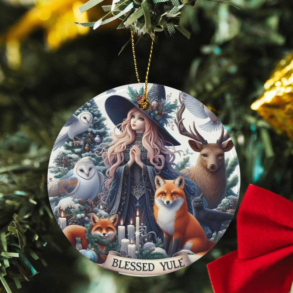 Spirit Animals and Winter Witch Ceramic Christmas Ornament-MoonChildWorld