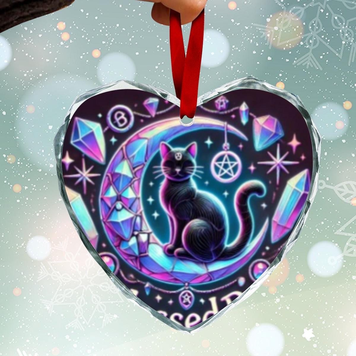 Crescent moon Black Cat Wicca Christmas Heart-Shaped Crystal Glass Ornament-MoonChildWorld