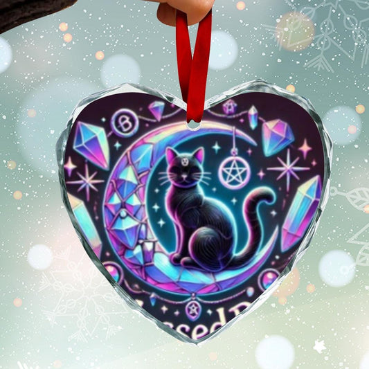 Crescent moon Black Cat Wicca Christmas Heart-Shaped Crystal Glass Ornament