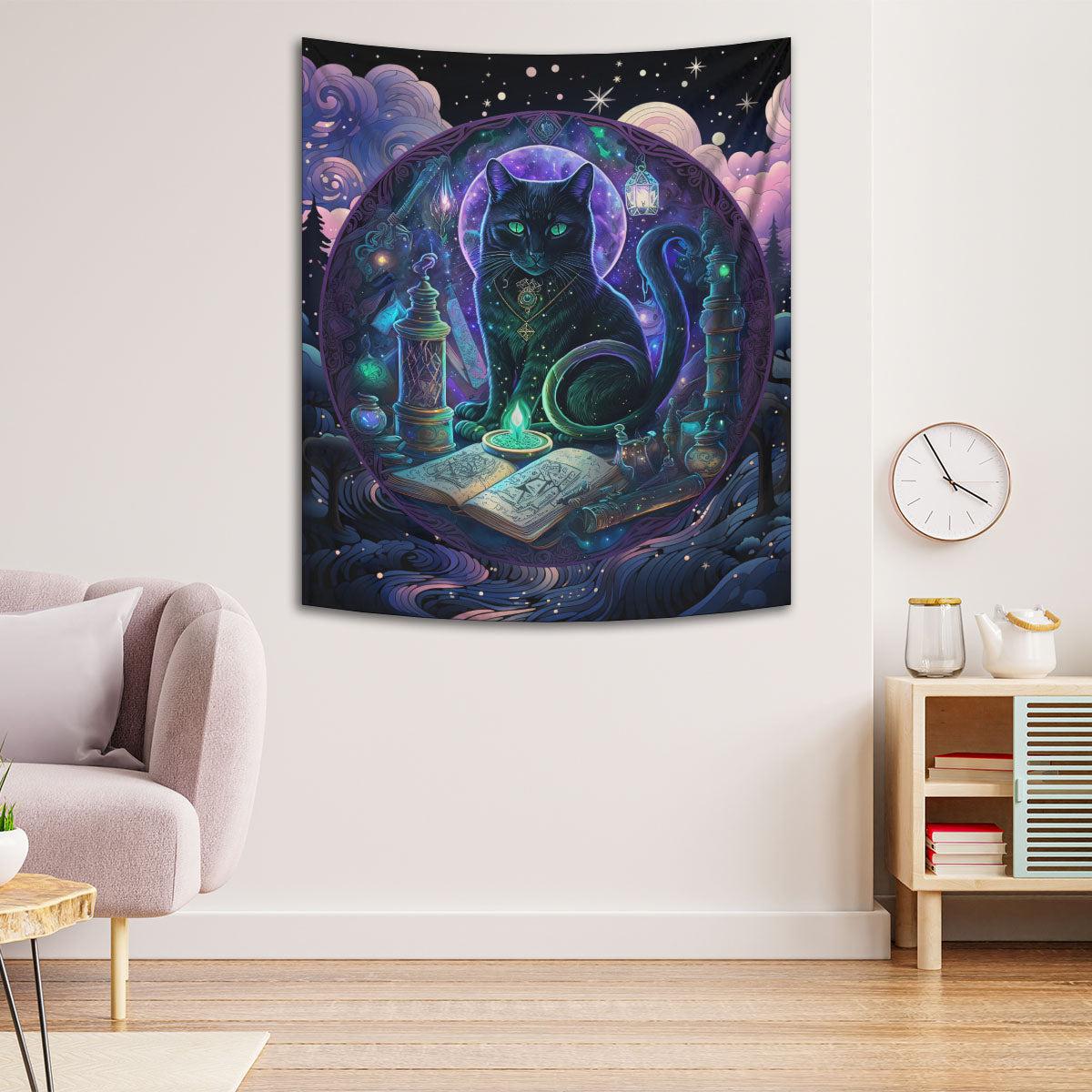 Witchy Black Cat Tapestry Magic Cat Wall Hanging-MoonChildWorld