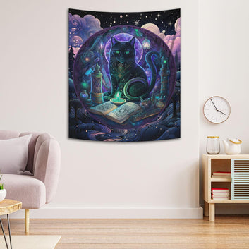 Witchy Black Cat Tapestry Magic Cat Wall Hanging