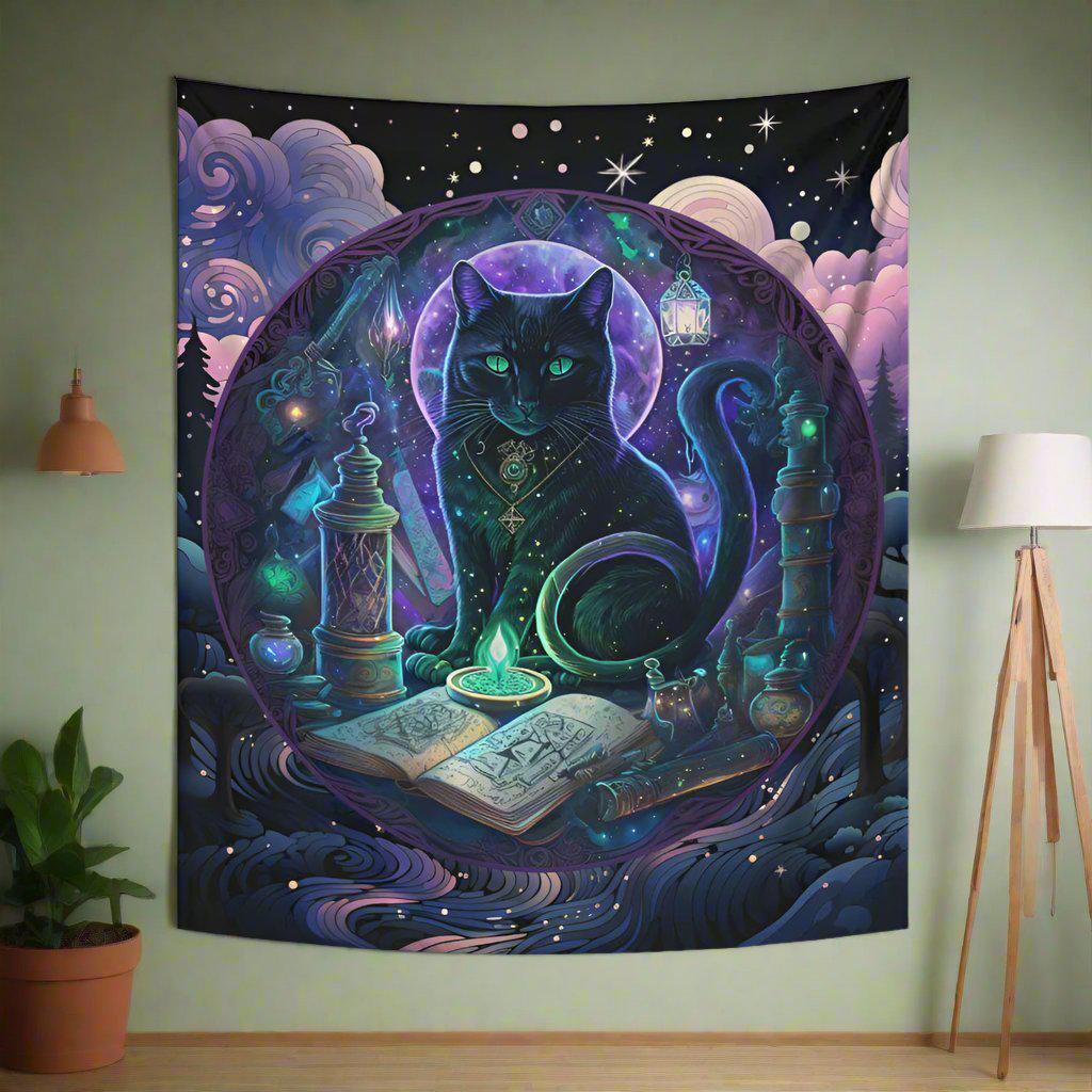 Witchy Black Cat Tapestry Magic Cat Wall Hanging-MoonChildWorld