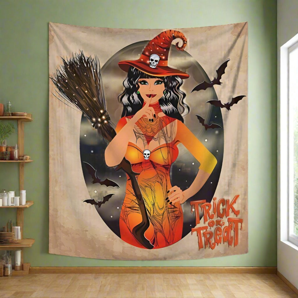 Broom Witch Gothic Tapestry Halloween Wall Hanging-MoonChildWorld