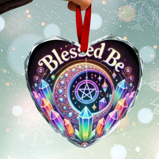Wicca Pentagram Moon Pagan Christmas Heart-Shaped Crystal Glass Ornament
