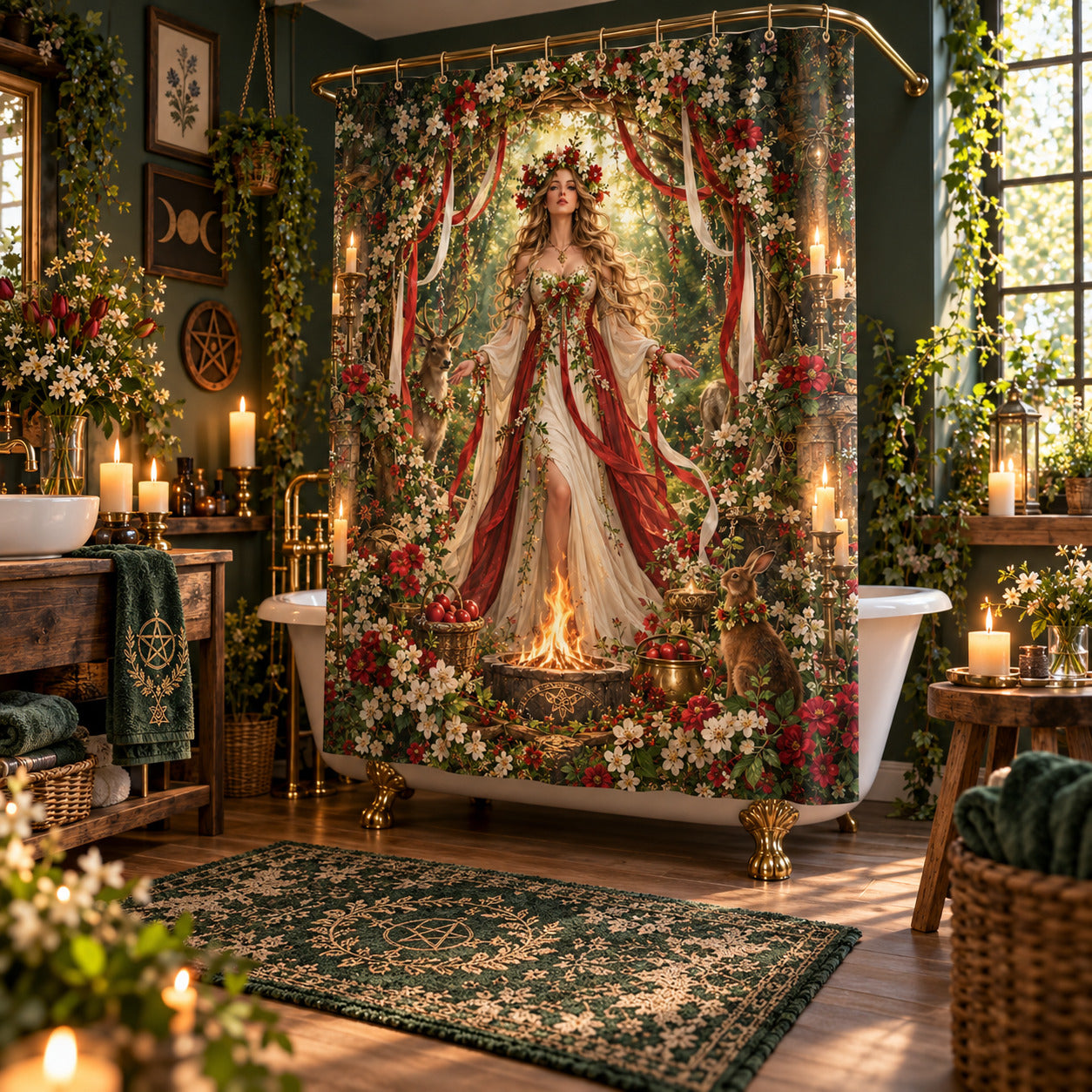 Beltane Shower Curtain - May Queen Pagan Goddess Fire Decor, styled shot 2