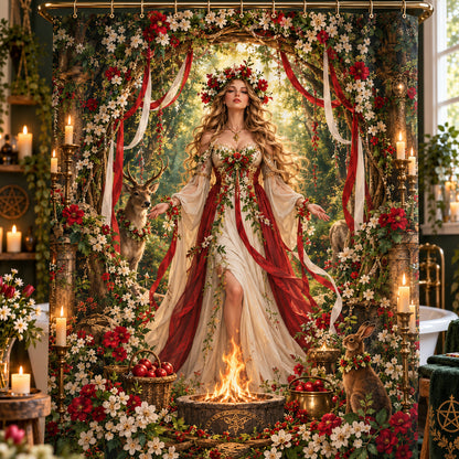 Beltane Shower Curtain - May Queen Pagan Goddess Fire Decor, styled shot 3