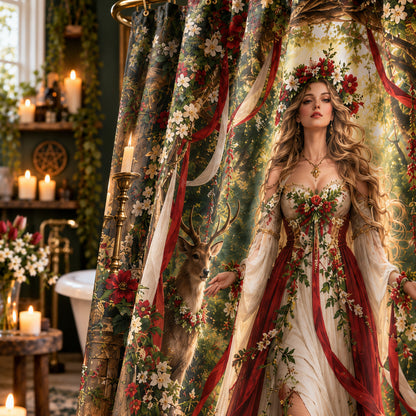 Beltane Shower Curtain - May Queen Pagan Goddess Fire Decor, styled shot 4