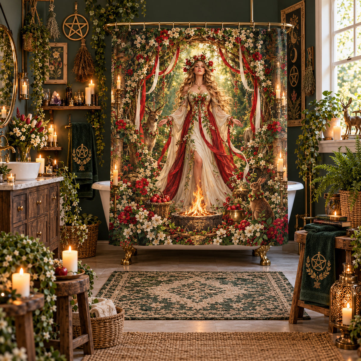 Beltane Shower Curtain - May Queen Pagan Goddess Fire Decor, styled shot 5