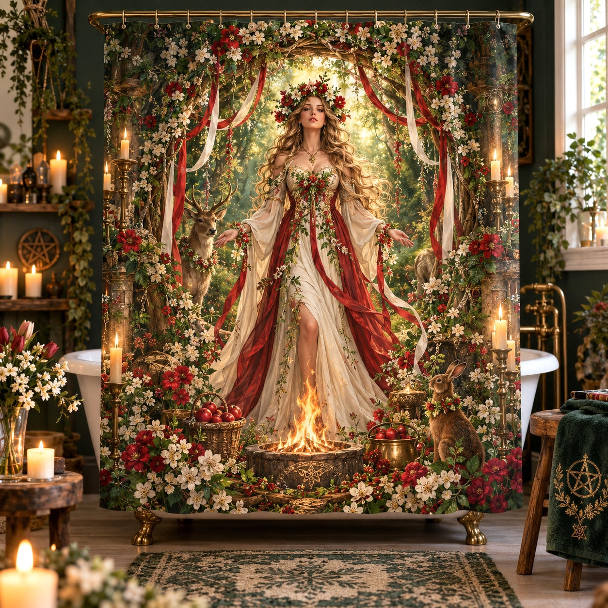 Beltane Shower Curtain - May Queen Pagan Goddess Fire Decor