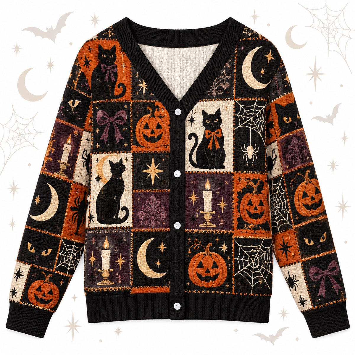 Black Cat Bow Spiderweb Halloween Cardigan for Women Plum Patchwork, front view