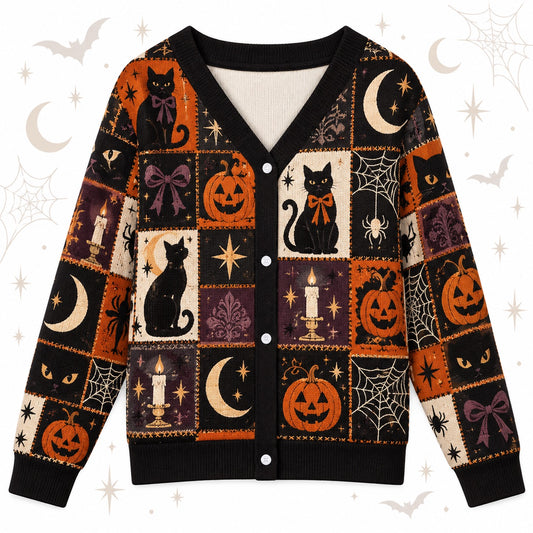 Black Cat Bow Spiderweb Halloween Cardigan for Women Plum Patchwork, front view