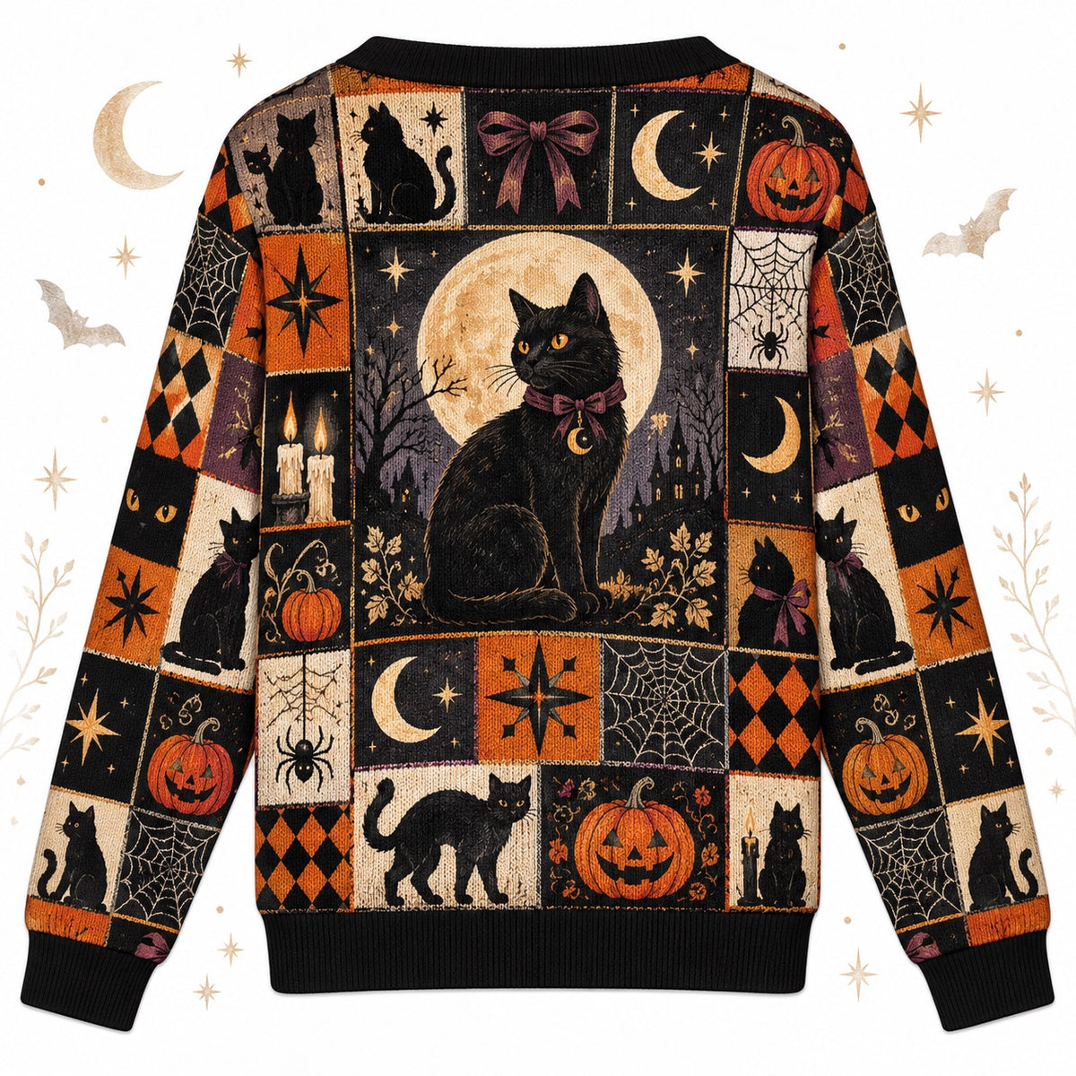 Black Cat Bow Spiderweb Halloween Cardigan for Women Plum Patchwork, back view