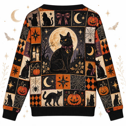 Black Cat Bow Spiderweb Halloween Cardigan for Women Plum Patchwork, back view