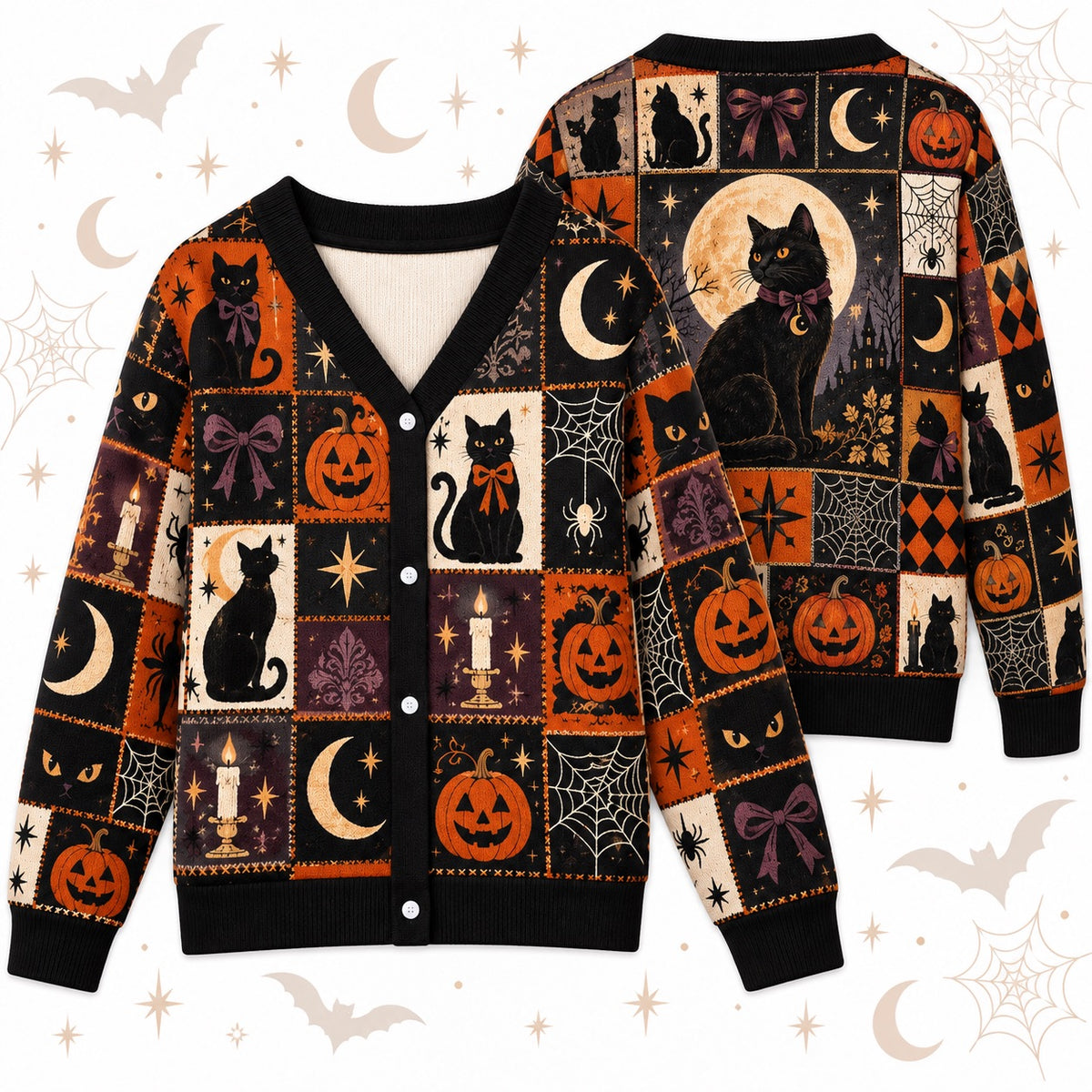 Black Cat Bow Spiderweb Halloween Cardigan for Women Plum Patchwork, front and back shown together