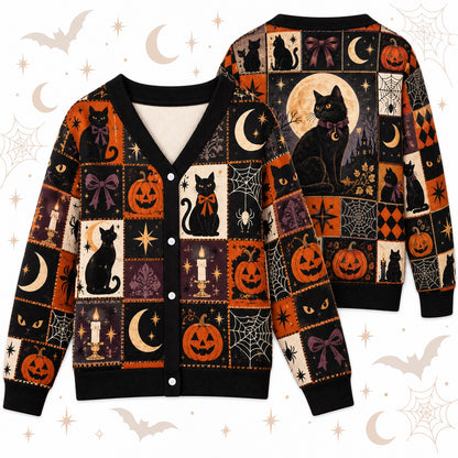 Black Cat Bow Spiderweb Halloween Cardigan for Women Plum Patchwork, front and back shown together