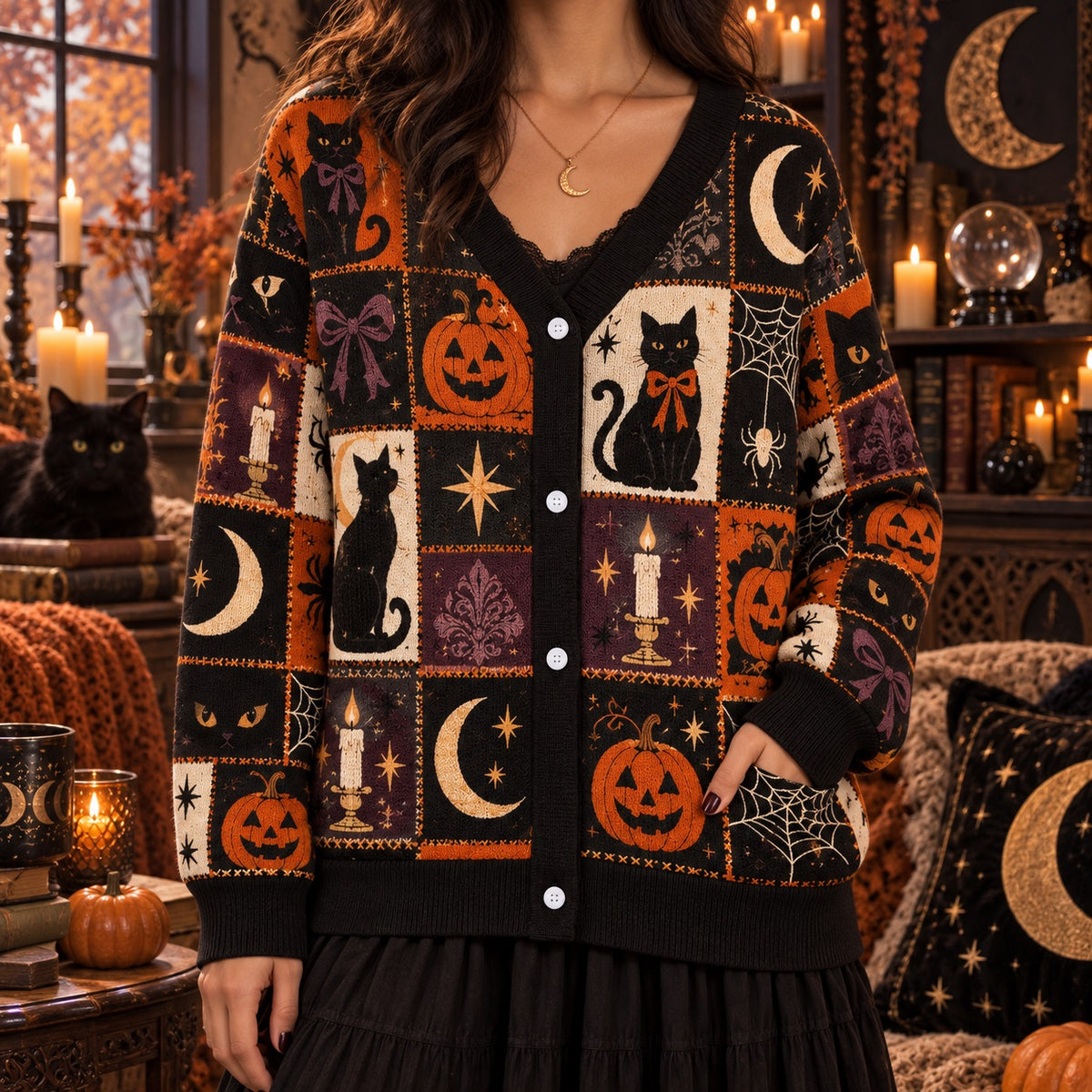 Black Cat Bow Spiderweb Halloween Cardigan for Women Plum Patchwork, worn, front view