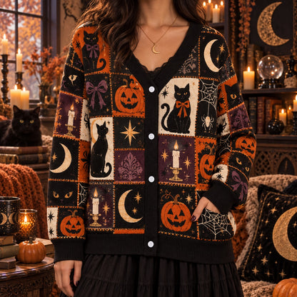Black Cat Bow Spiderweb Halloween Cardigan for Women Plum Patchwork, worn, front view