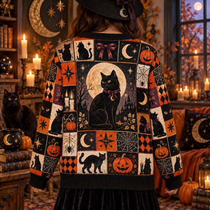 Black Cat Bow Spiderweb Halloween Cardigan for Women Plum Patchwork, worn, back view