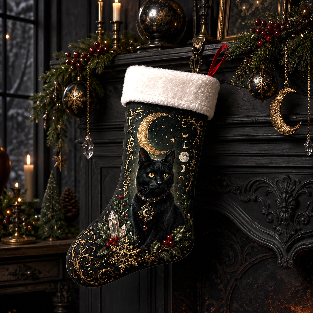 Black Cat Crescent Christmas Stocking Witchy Yule Cat Decor