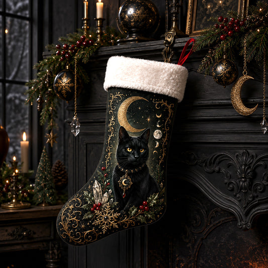 Black Cat Crescent Christmas Stocking Witchy Yule Cat Decor