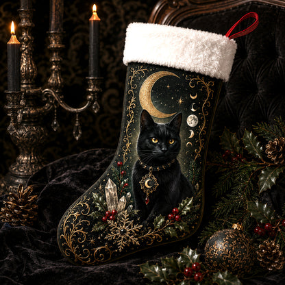 Black Cat Crescent Christmas Stocking Witchy Yule Cat Decor, styled shot 2