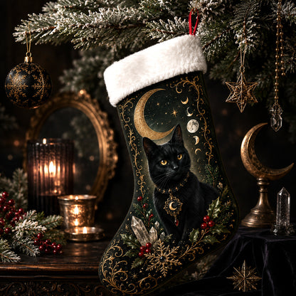 Black Cat Crescent Christmas Stocking Witchy Yule Cat Decor, styled shot 3