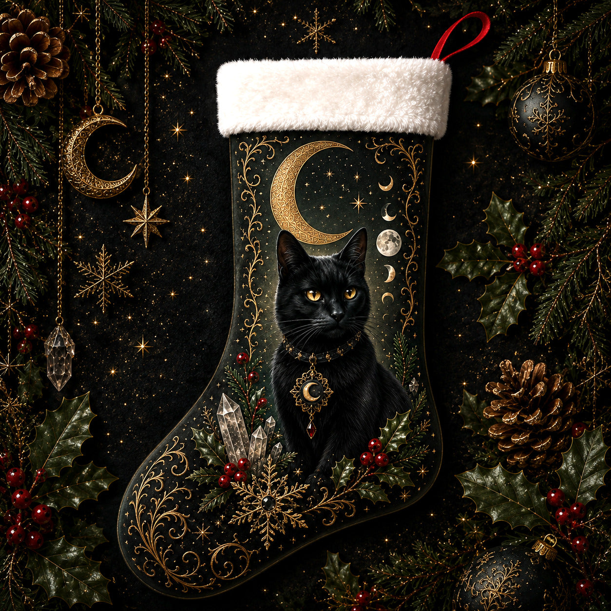 Black Cat Crescent Christmas Stocking Witchy Yule Cat Decor, styled shot 4