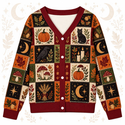 Black Cat Harvest Moon Pumpkin Pagan Cardigan for Women Fall Patchwork, front view