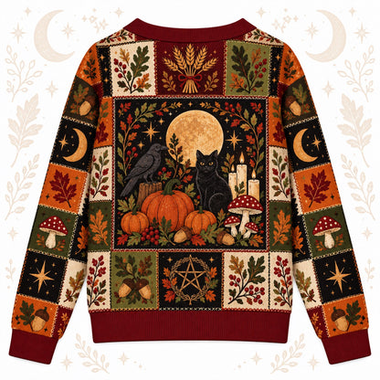 Black Cat Harvest Moon Pumpkin Pagan Cardigan for Women Fall Patchwork, back view