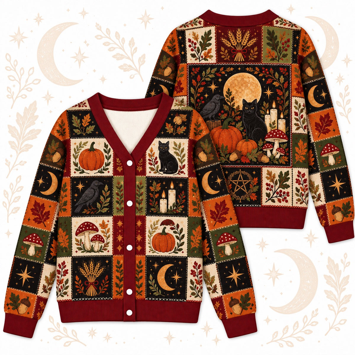 Black Cat Harvest Moon Pumpkin Pagan Cardigan for Women Fall Patchwork, front and back shown together