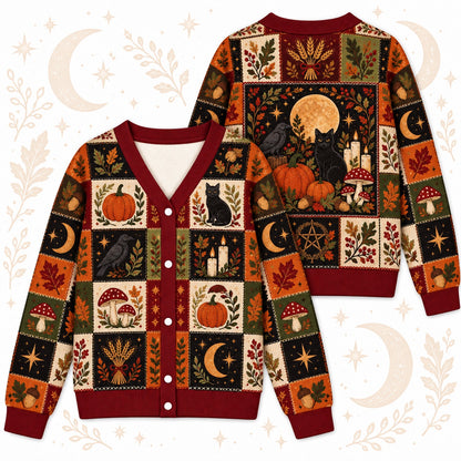 Black Cat Harvest Moon Pumpkin Pagan Cardigan for Women Fall Patchwork, front and back shown together