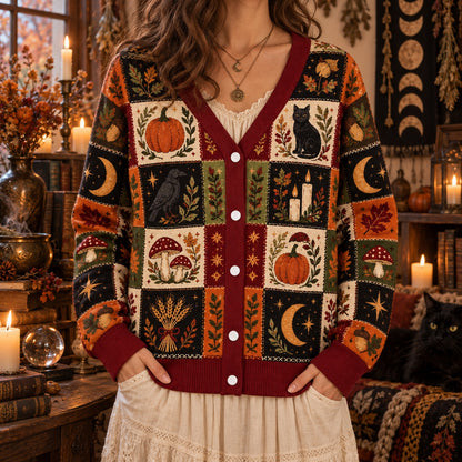 Black Cat Harvest Moon Pumpkin Pagan Cardigan for Women Fall Patchwork, worn, front view