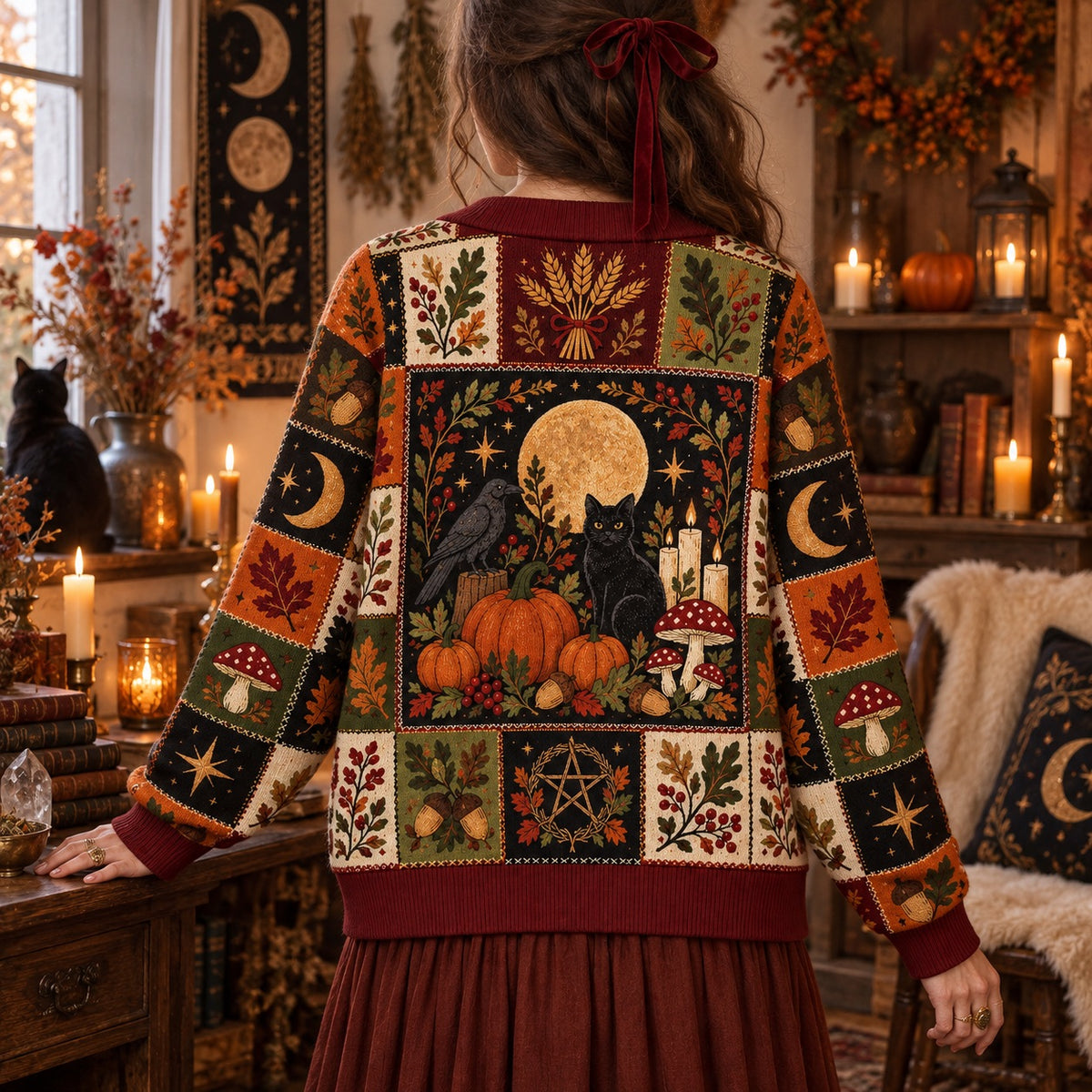 Black Cat Harvest Moon Pumpkin Pagan Cardigan for Women Fall Patchwork, worn, back view